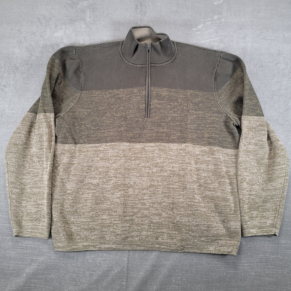 REI Mens Large Quarter Zip Pullover Sweater Brown Colorblock Cotton Tencel‎ Knit
